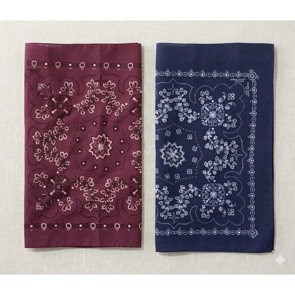 LL Bean Bandana Set 2 Navy Blue Burgundy Red Floral Paisley Cotton NWOT